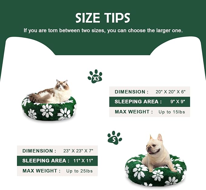 Donut Dog Beds for Small Dogs, Calming Round Cat Beds for Indoor Cats, Cute 3D Textured Flower Pet Bed with Removable Washable Cover and Anti-Slip Bottom(Green,23")