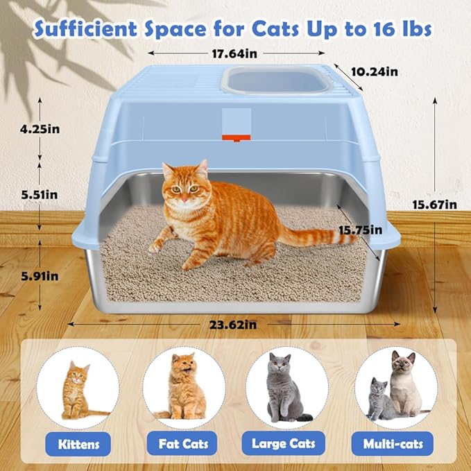 Vivifying Stainless Steel Litter Box with Lid, XL Front Entry Enclosed Extra Large Litter Box for Big Cats & Kitty, Top Exit Metal Cat Pan with Scoop, Mat, Step, Charcoal Filter (Blue)