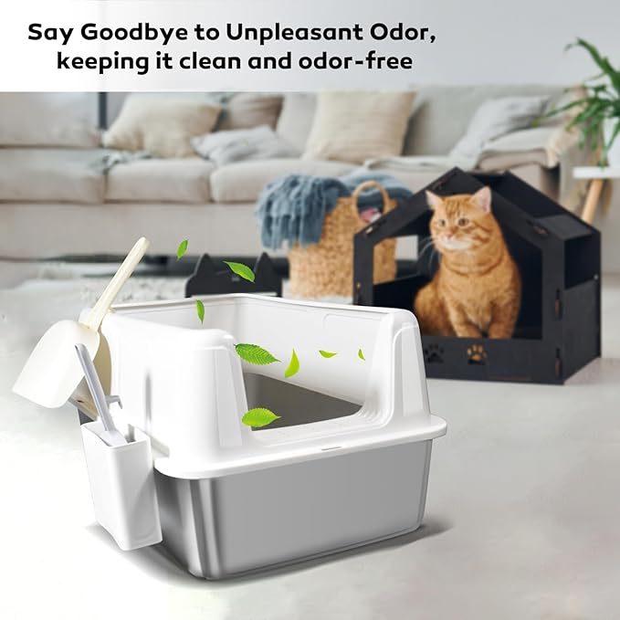 Stainless Steel Litter Box with Lid, 24" XL Extra Large High-Sided Metal Cat Litter Box for Multiple Cats,Anti-Leakage & Non-Stick, Easy to Clean, Includes 2 Scoops&Deodorizer Box, White