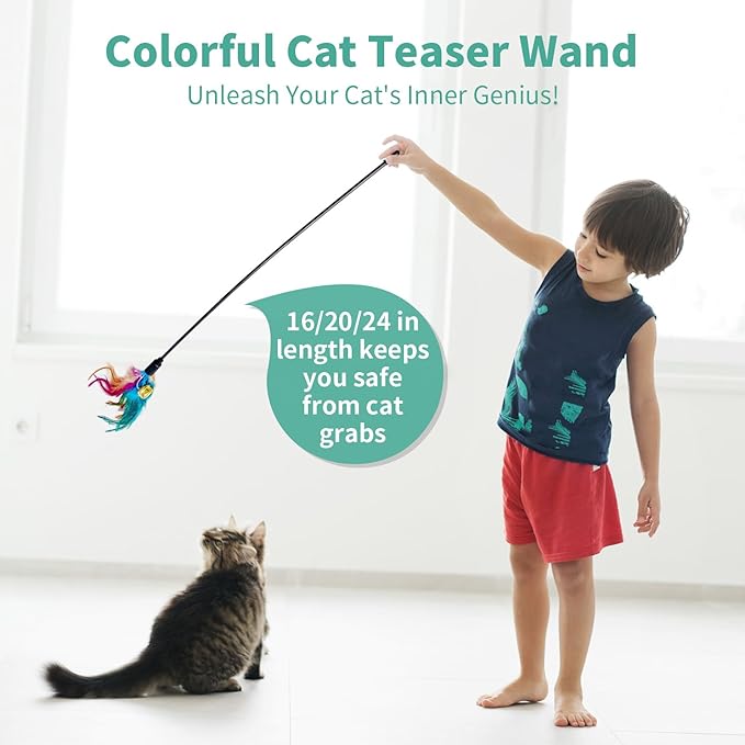 Cat Feather Toys, Cat Toy with Elastic Turkey Feathers, Interactive Teaser Wand with Bell, Durable Flexible Rod for Playful Kittens and Cats, Indoor Entertainment for Pets (1 Sets)