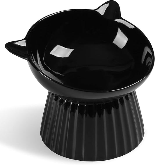 Ceramic Raised Cat Bowl,Tilted Raised Bowl Anti Vomit for Indoor Cats Whisker Friendly Pet Feeder for Cats Puppies, Microwave and Dishwasher Safe (Black)