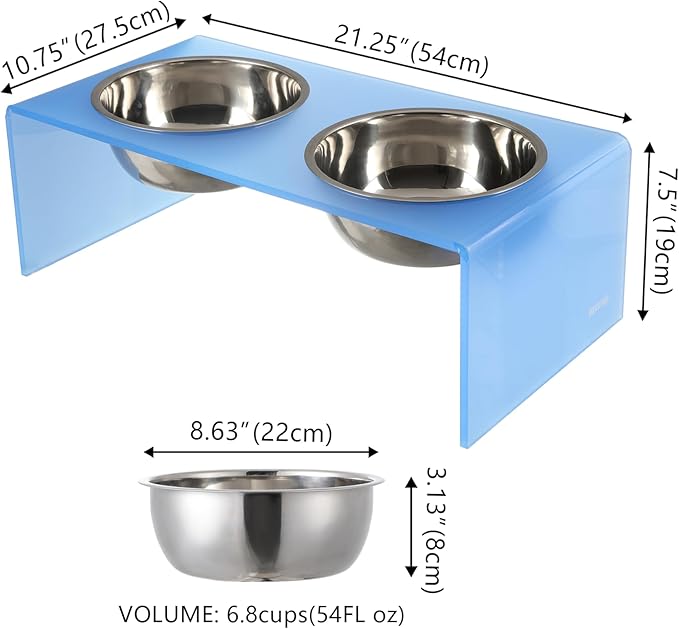 THE LICKER STORE DBL2001C Keaton 7.5" Medium/Large Modern Acrylic Rectangular Elevated Pet Feeder with 54oz 2-Stainless Steel Bowls, Blue/Chrome