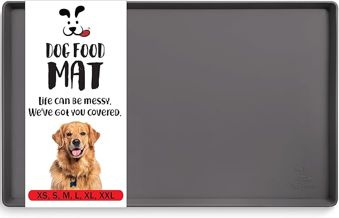 DogBuddy Dog Food Mat – Waterproof Dog Bowl Mat for Food and Water, Silicone Pet Feeding Mats for Floors, Non-Slip Placemat with High Edges for Dogs Bowls, Puppy Essentials (M: 21” x 14”, Shadow)