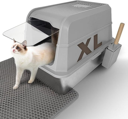 Stainless Steel Litter Box with Lid - Extra Large Cat Litter Boxes for Big Cats with Mat & Scoop - Anti-Leakage, Odor-Proof, High-Sided, Non-Stick& Easy to Clean - Ideal for Multi-Cat Homes - Gray