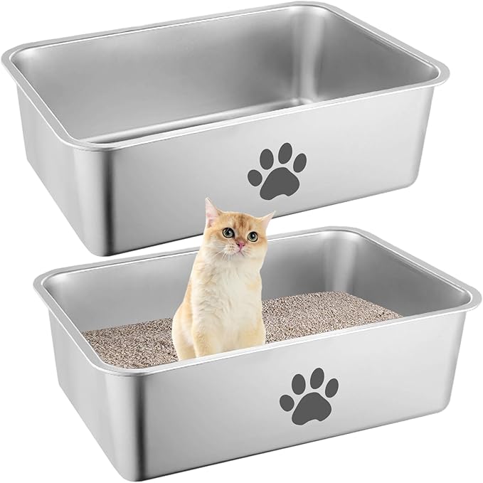 2PCS Stainless Steel Cat Litter Box,Metal Kitten Litter Pan, 6inch High Side Cats Toilet Indoor Litter Tray Pet Toilet Supplies for Cats, Kitty,Rabbits, Easy Clean, Non Stick Litter Box, No Smell
