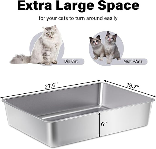 Stainless Steel Litter Box, 28" X 20" X 6" Steel Litter Box XXL No Smell, Extra Large Metal Litterbox for Big Cat, Multiple Cats, Non Stick, Easy Cleaning