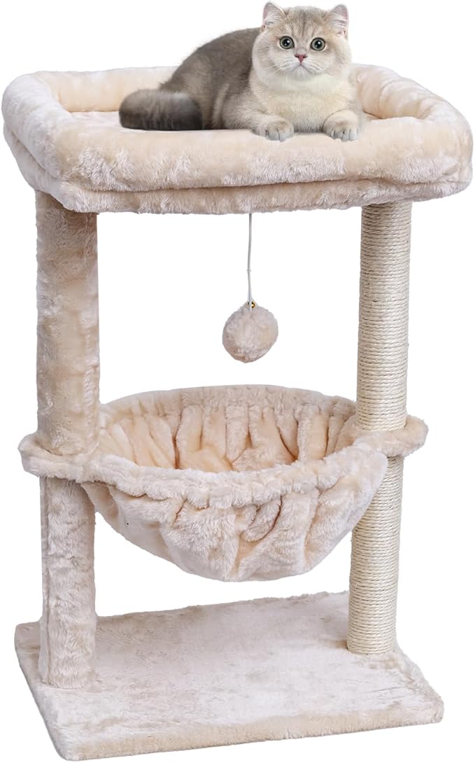 SYANDLVY Small Cat Tree for Indoor Cats, Activity Cat Tower with Scratching Post for Kittens, Cat Furniture with Basket & Hanging Ball for Play Rest, Beige