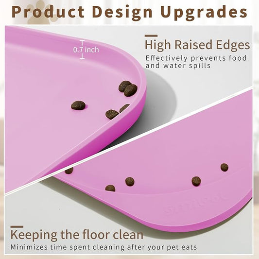 Silicone Pet Feeding Mat with Raised Edge & Residue Collection Pocket for Food and Water, Dog Bowl Mats, Cat Bowls Placemat with High Lip for Floor Waterproof, 19 x 12 x 0.7 Pink