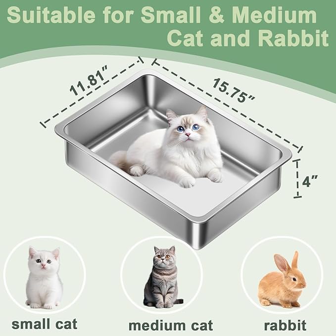 Stainless Steel Cat Litter Box for Kitten, Metal Litter Pan Tray for Rabbits Hamsters, Easy to Clean Pet Bathroom Accessories-15.75''Lx 11.81'' W x4'' H