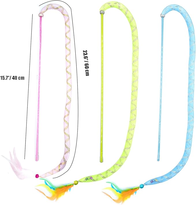 IUHKBH Cat Wands, 3 PCS Soft Line Tube Teaser Wands Colorful Feather Wands with Bell Interactive Cat Toys