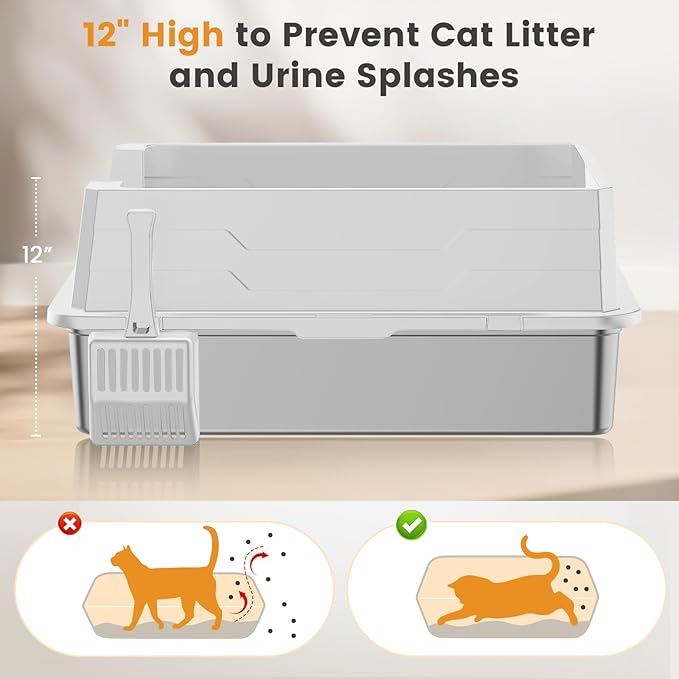 XXXL Stainless Steel Litter Box,Extra Large 28" L x 20" W Metal Litter Box for Big Cats & Multiple Cats with High Sided, Anti-Urine Leakage, Non-Sticky, Easy Cleaning, Include Scoop(White