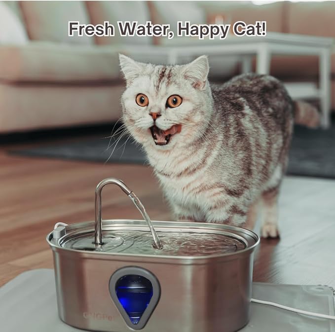Stainless Steel Cat Water Fountain – 3.5L/118oz Automatic Pet Water Dispenser with LED Light, Quiet Pump, 4 Replacement Filters & Cleaning Brush – for Cats and Small Dogs