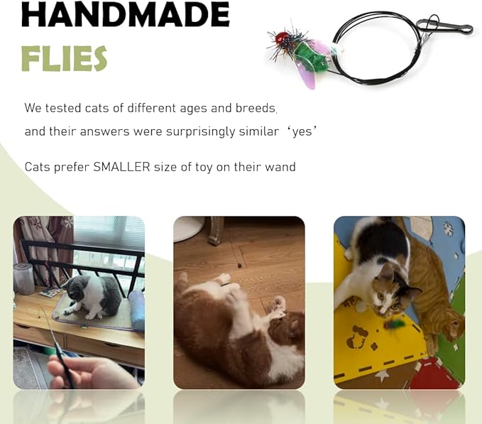 Cat Feather Toys - 2 Pcs Handmade Simulation Flies – Durable Cat Toy Wand Refills - Interactive Kitten Teaser Wand Attachments - Cat Toys Replacement for Cat Kitten Wand