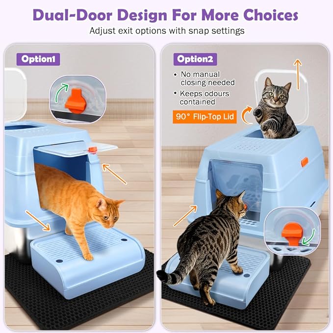 XL Stainless Steel Litter Box, Easy-Clean with Top Exit Design, Odor Control Litter Box with Fully Enclosed Design & Activated Charcoal Space, Trapping Box & Scoop Included (Blue)