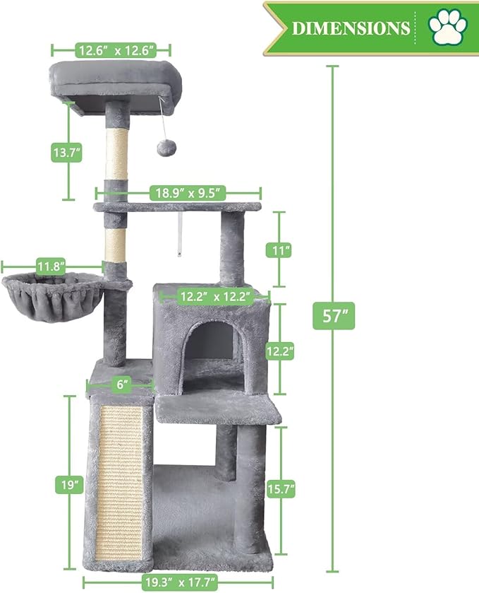 57" Cat Tree Tower for Indoor Cats, Multi-Level Cat Tower Condo with Sisal Scratching Post (Light Gray)
