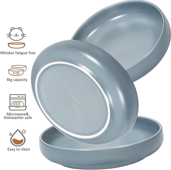 Ceramic Cat Bowls,Shallow Cat Dishes for Food and Water, 6 inch Matte Finish Wide Cat Food Bowl,Whisker Fatigue Free Pet Puppy Kitten Bowl Set of 3,Dishwasher Safe