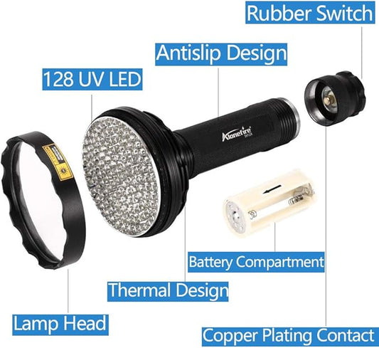 Alonefire SV128 395nm UV Flashlight 128 LEDs Woods Lamp Ultraviolet Black Light for Pet Urine Detection, Scorpion Detection, Dry Stain, Bedroom, Fishing with UV Protective Glasses, 6PCS AA Battery