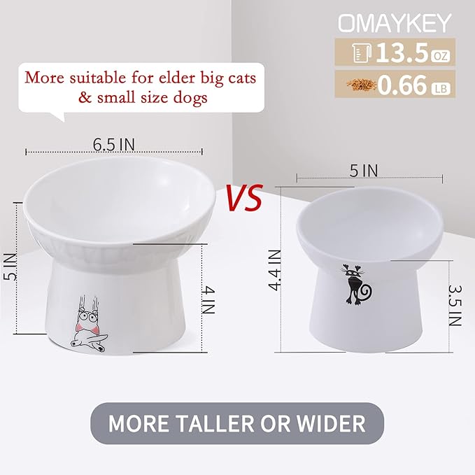 OMAYKEY 6.5 Inch Extra Wide Ceramic Raised Cat Bowls, Porcelain Tilted Elevated Cat Food Water Bowl Dish, Stress Free Pet Feeder Bowls Dishes for Elder Big Cats & Small Dogs, White - 2 Pack