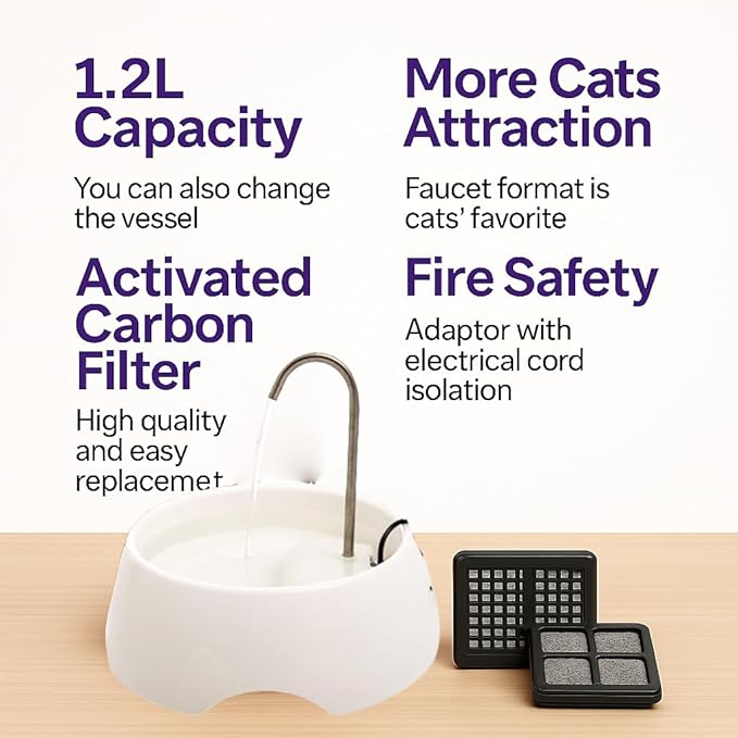 Aqua MINI Portable Pet Water Fountain - Automatic Drinking Bowl for Cats and Dogs - Stainless Steel Faucet - Replaceable Filters - Easy Cleaning - Ideal for Multiple Pets - 1.2L/42 fl oz - White