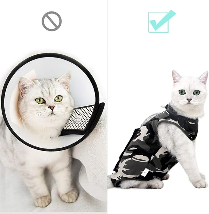 DOTON Cat Recovery Suit for Male and Female Surgical Post Surgery Soft Cone Onesie Shirt Clothes Neuter Licking Protective Diapers Outfit Cover Kitten Spay Collar(S, Camouflage)
