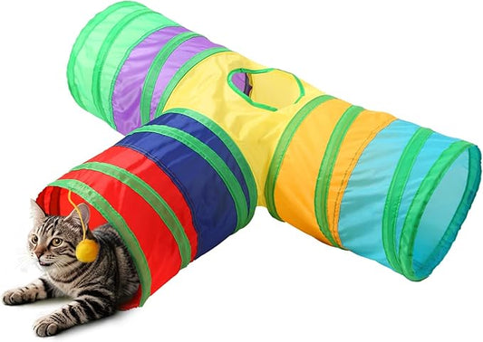 Coolcandy Cat Tunnel & Interactive Cat Toy Indoor, T-Shape 3-Way Tunnel Toys for Indoor Cats, Collapsible Interactive Peekaboo Cave with Play Ball, for Multi-Way Play & Small Animals