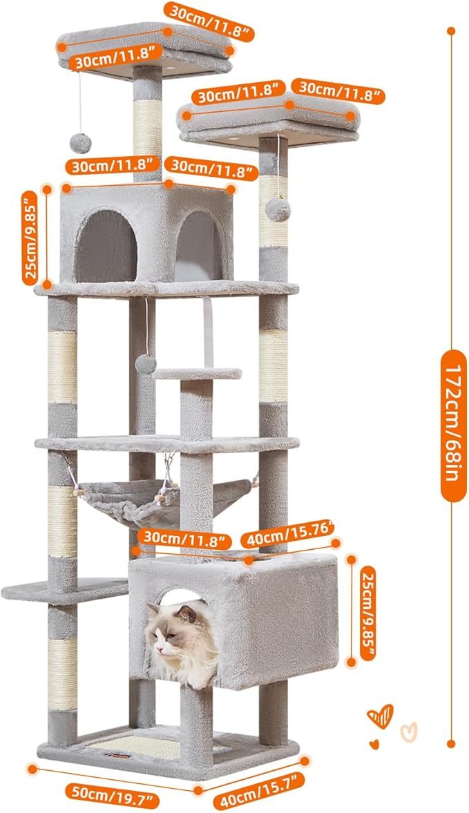 Taoqimiao Cat Tree, 68-Inch Cat Tree Cat Tower for Indoor Cats, Plush Multi-Level Cat Condo with 6 Scratching Posts, 2 Perches, 2 Caves,Hammock, 3 Pompoms,MS020SW Light Gray