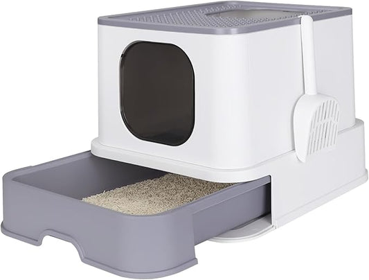 RIZZARI Large Enclosed Cat Litter Box : Covered Leak-Proof Reduces Odor - for Indoor Use Cat Owners (White)