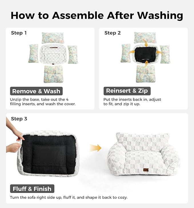 Made4Pets Cat Couch Bed, Soft Faux Fur Checkered Pet Sofa, Calming Fluffy Cat Sofa with Supportive Foam, Removable Washable Cover with Non-Slip Base, White, Small