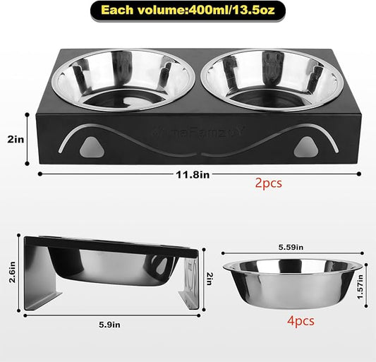 2 Pack Cat Food Bowls - Indoor Set with Metal Stand,5° Tilted Anti Vomiting Wide Raised Pet Dish,Cute Elevated Cat Feeding Station for Food Water, 4 Stainless Steel Bowls for Multiple Kitten,Puppy