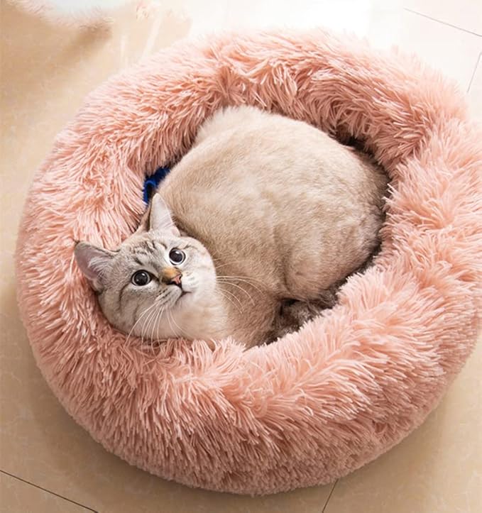 Large Cat Beds for Indoor Cats - Dog Beds for Small Medium Dogs, Anti Anxiety Round Fluffy Plush Faux Fur Pet Bed, Thick Bottom (Pink, Large 24" L x 24" W)