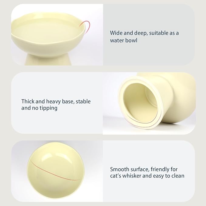 6.1" Wide 1.57" Deep Elevated Cat Bowls, Ceramic Water Bowls for Flat Faced Cats,Cat Feeder,Stress Free,Protect Cat’s Spine,Cream