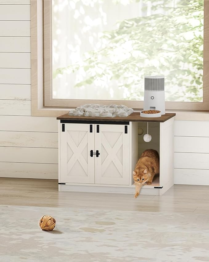 Cat Litter Box Enclosure, Hidden Litter Box Cabinet Furniture with Bell, Indoor Cat House, Farmhouse Style, 31.5 x 19.7 x 20.9Inches, for Hallway, Bedroom, Rustic Brown and White CB82414X