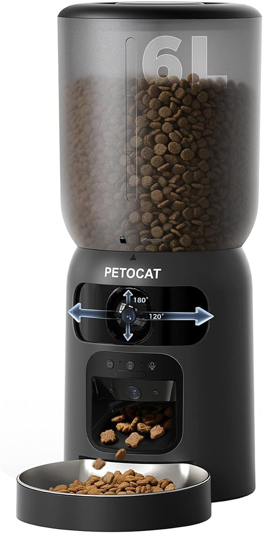 AI Automatic Cat Feeder with Dual Cameras (1 Adjustable), 2K HD Night Vision, 5G/2.4G WiFi, 6L Automatic Pet Feeder with APP Control, Laser Interactive Toy, Two-Way Audio & Scheduled Feeding