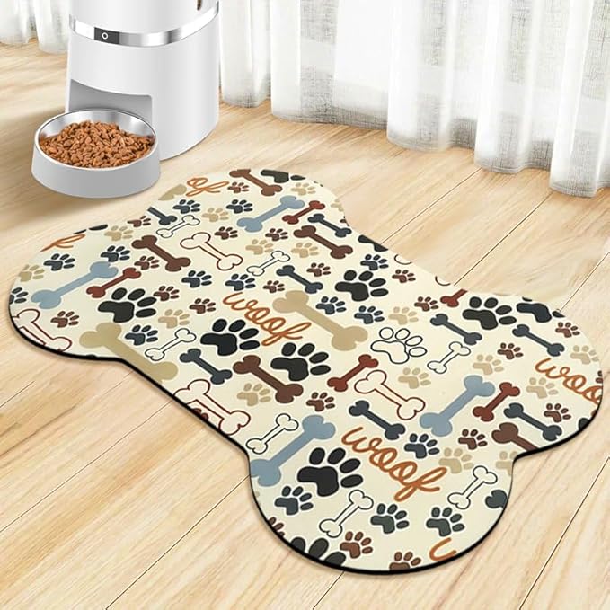 Dog Food Mats for Floors Waterproof, Pet Feeding Absorbent Water Bowl Mat Cat Placemats Beige Bone Shape 23.6 * 15.7 inch