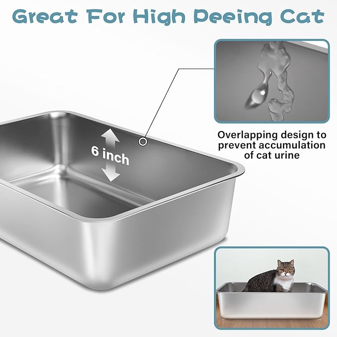 Stainless Steel Litter Box 2 Pack,19.7"x13.7"x6" Large Metal Litter Box for Kitty/Cat/Rabbits, Easy to Clean, Non Stick Litterbox No Smell for Adult Cats