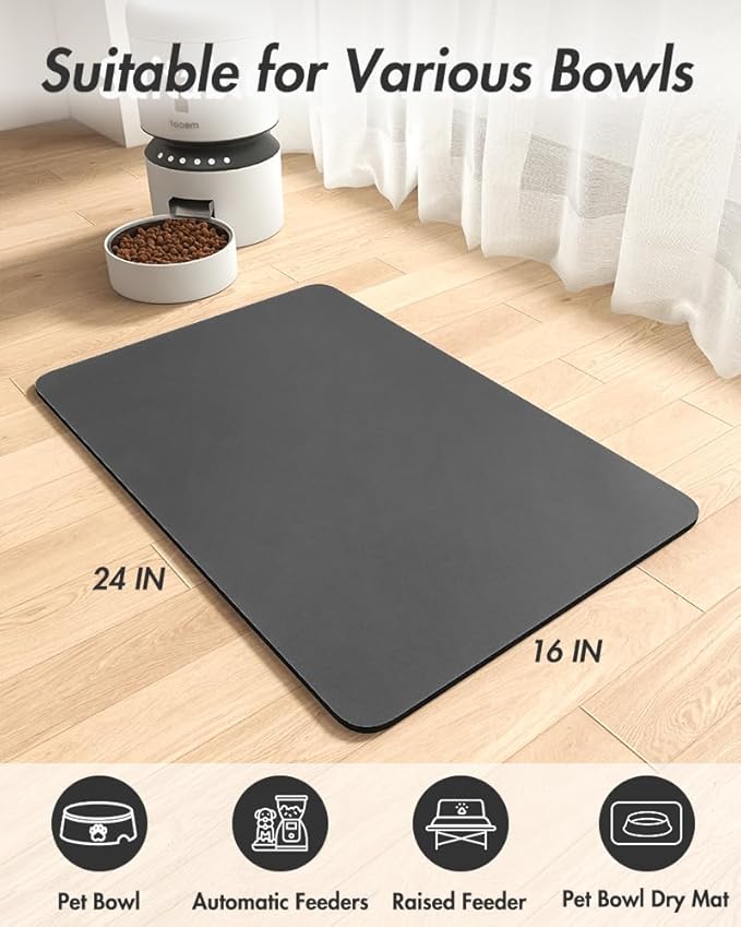MontVoo-Absorbent Pet Feeding Mat-No Stains Pet Mat for Food and Water Bowl-Quick Dry Cat & Dog Food Mat Water Dispenser Mat-Pet Supplies Mat-Dog Water Bowl Mat for Messy Drinker Dark Grey