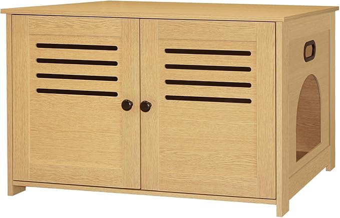 DINZI LVJ Litter Box Enclosure, Cat House with Good Ventilation, Entrance Can Be on Left or Right Side, 31.5" Long Hidden Washroom for Most Litter Box, Cat Furniture Cabinet, Natural
