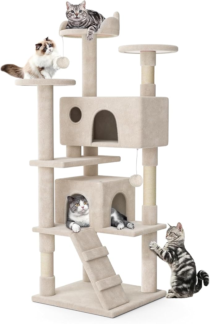 MoNiBloom 60 Inch Cat Tree Tower for Indoor Cats Large Adults, Cat Tower with Scratching Post, Multi-Level Furniture Activity Center with Cat Condo Pet Play House, Beige