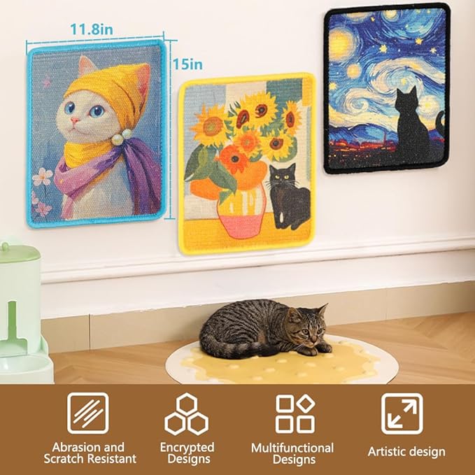 Sisal Cat Scratching Mat β Anti Scratch Furniture Protector for Walls, Couches, Cabinets, Doors & Carpet, 15x11.8 Inch, Shedding-Resistant Cat Scratcher with Hook and Loop Fastener (Mona Lisa)