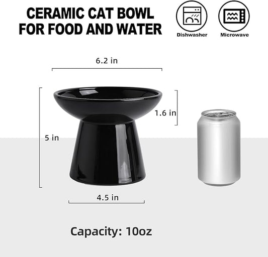 Extra Wide Elevated Cat Food Bowl, Ceramic Cat Bowls for Food and Water, Wide Shallow Cat Food Dish, Whisker Fatigue, Lead & Cadmium Free, Great Height for Cat(Black-1pc)