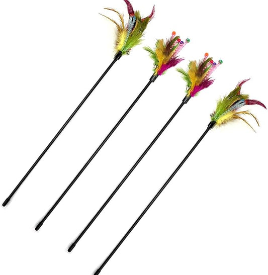 Cat Wand, 4 PCS Interactive Feather Stick Flexible Kitten Wand Safe Cat Teaser Wand for Indoor, All Breed Sizes