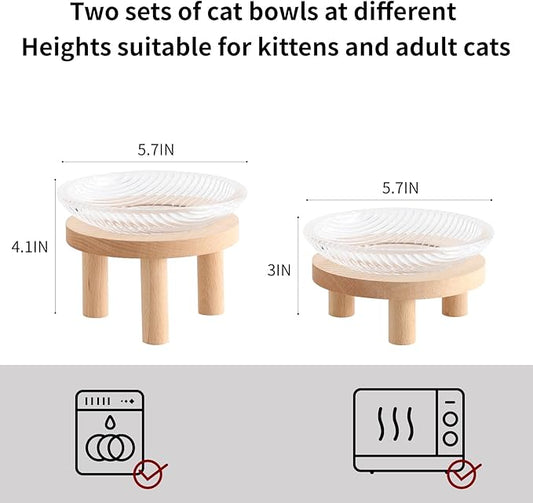 Raised Whisker Fatigue Cat Bowl. Glass Cat Bowls Elevated with Wooden Legs in 2 Heights. Protect The Spine and Prevent Vomiting. 2PCS. KGCCIZI