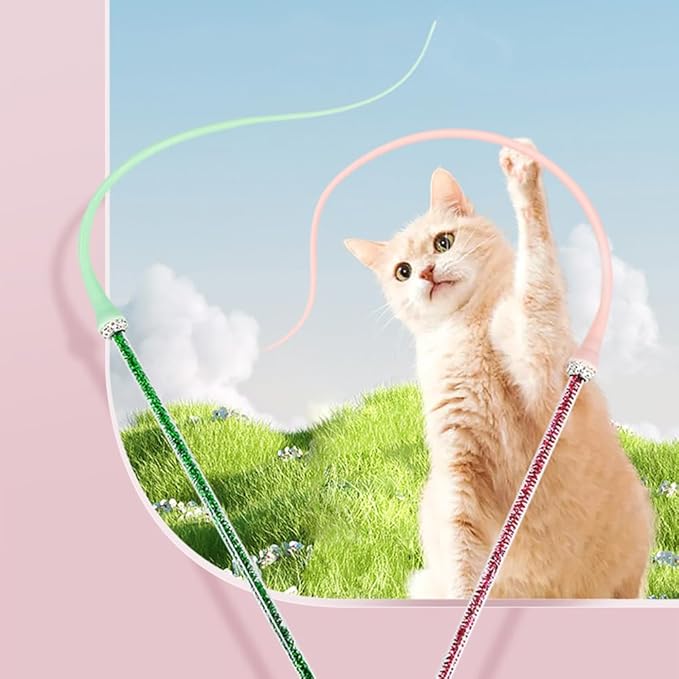 2PCS Cat Toy Wand, Silicone Mice Tail Teaser Toys Interactive Cat Toys with 2 Replaceable Tail for Indoor Cats Kittens Chase Exercise
