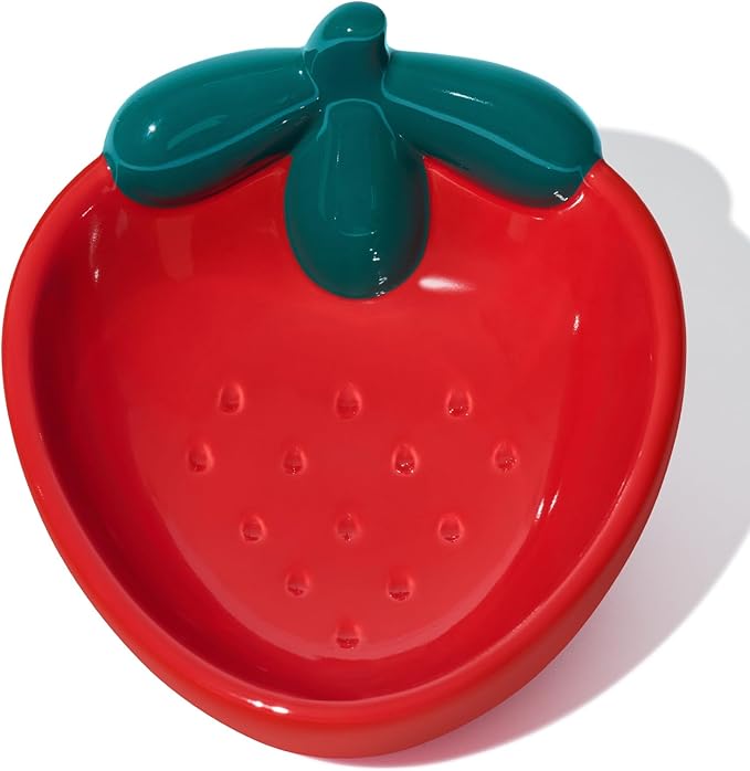 VETRESKA Ceramic Pet Bowl Tilted Design Pet Feeder for Food and Water Anti Vomit Cat Bowls for Indoor Cats Cute Strawberry Cat Bowl Dishwasher Safe