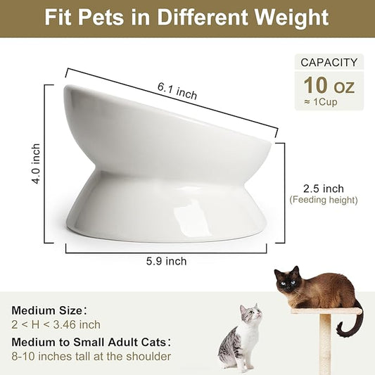 YauYik Cat Bowl Elevated Tilted - Ceramic Raised Cat Food Bowl for Cats and Small Dogs - 6 Inches Stress Free Whisker Friendly Pet Dish, Anti Vomit & Reduce Neck Burden Feeding, White, 10 Oz