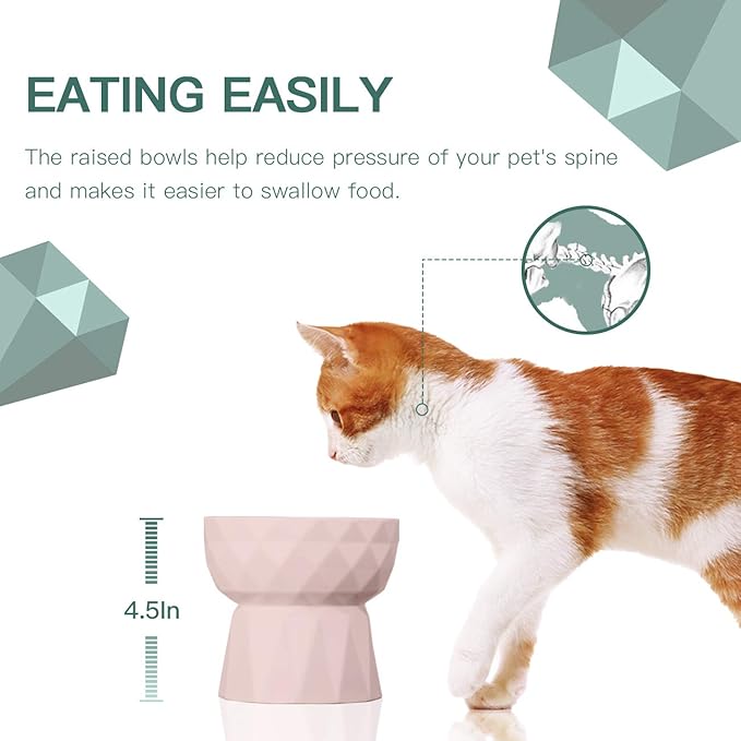 Frewinky Ceramic Cat Bowls Anti-Vomiting, Raised Food and Water Bowl Set for Cats and Small Dogs, 13.5 Oz, Pink