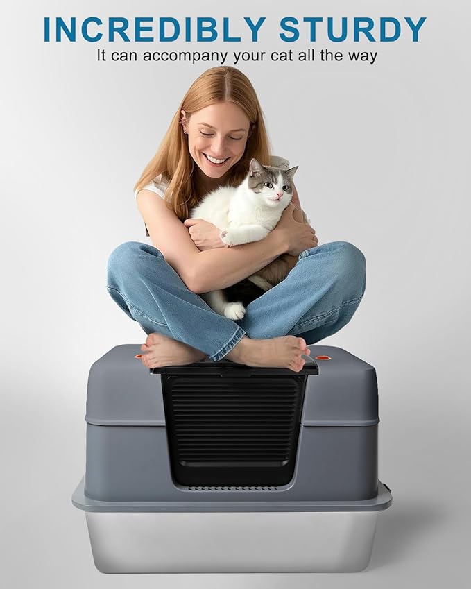 Stainless Steel Enclosed Cat Litter Box with Lid,Covered Metal Kitty Litter Box with Litter Mat and Odor Reduction Pack(2kg), Metal Scoop,Switchable Design, Easy Clean (Litter Box Grey)
