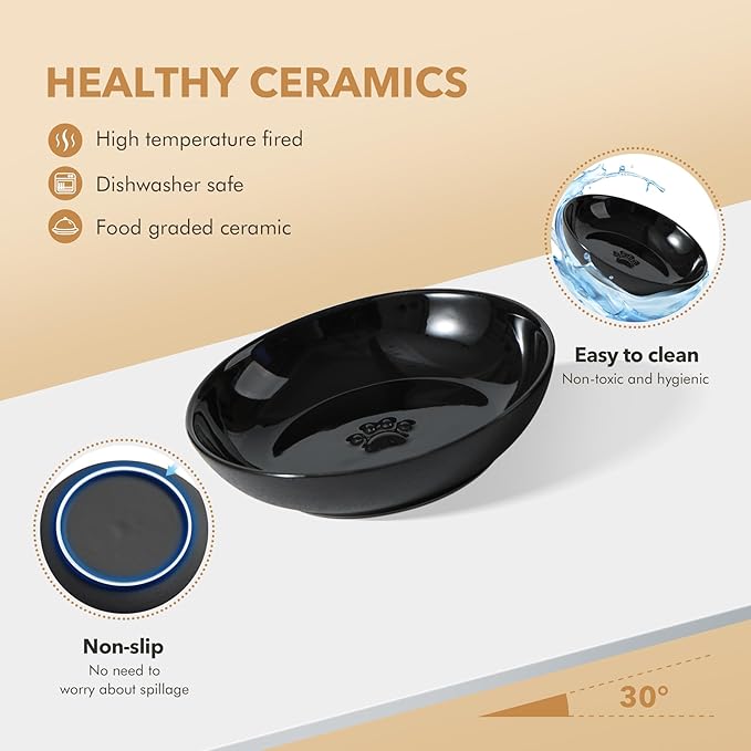 Raised Ceramic Wide Whisker Friendly Cat Dishes, Food&Water Bowl with 2 Style Stand Adjustable Pet Bowl Set(1Dish+1Shallow Dish+Stand, Black