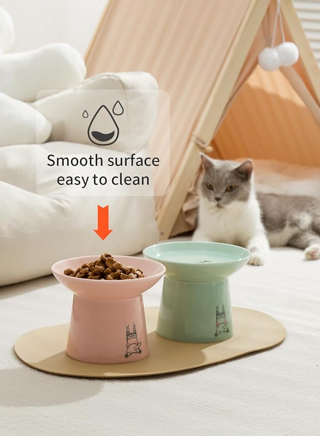 Extra Wide Elevated Ceramic Cat Bowls, 6.5 Inch Raised Pet Bowl Set for Food & Water, Whisker Fatigue Shallow Food Dish for Elder Big Cats Small Dogs, Set of 2, Green & Pink