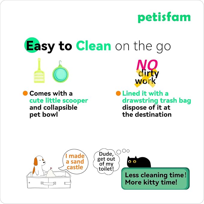 petisfam Portable Travel Litter Box for Easy Drive with Kitty, Large or Multiple Cats. Lightweight for Easy Carry, Sturdy, Leak-Proof, Collapsible